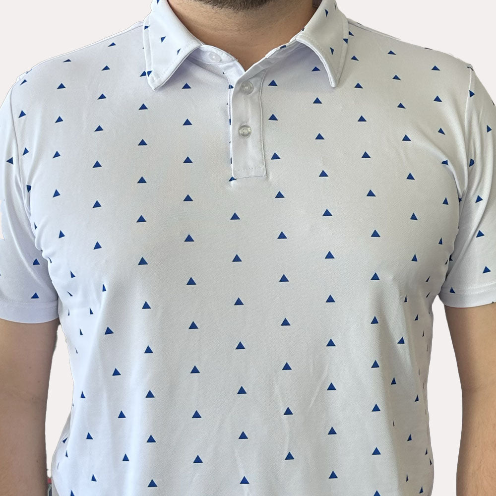 Polo de golf homme Hole Black été léger blanc avec des petits motif triangle bleu marine