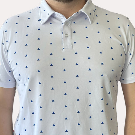 Polo de golf homme Hole Black été léger blanc avec des petits motif triangle bleu marine