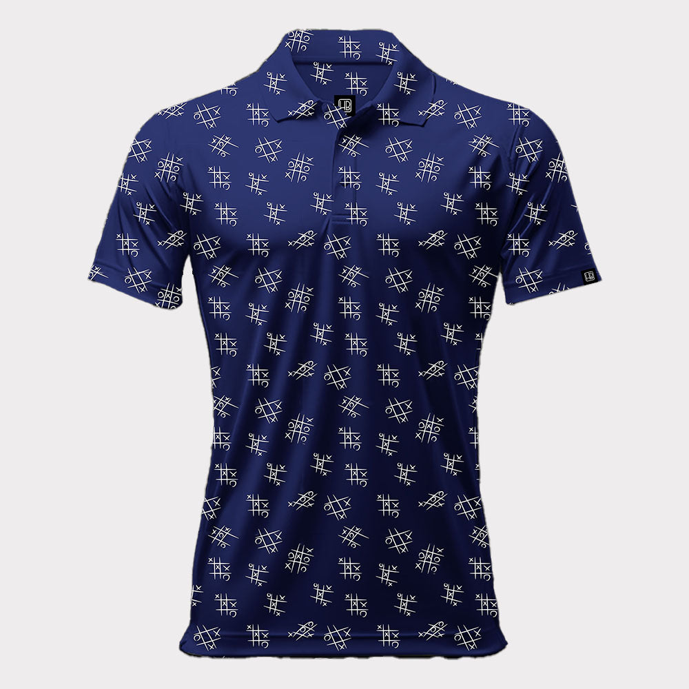 Polo de golf homme, tenue de golf bleu marine avec des motifs morpion bleu