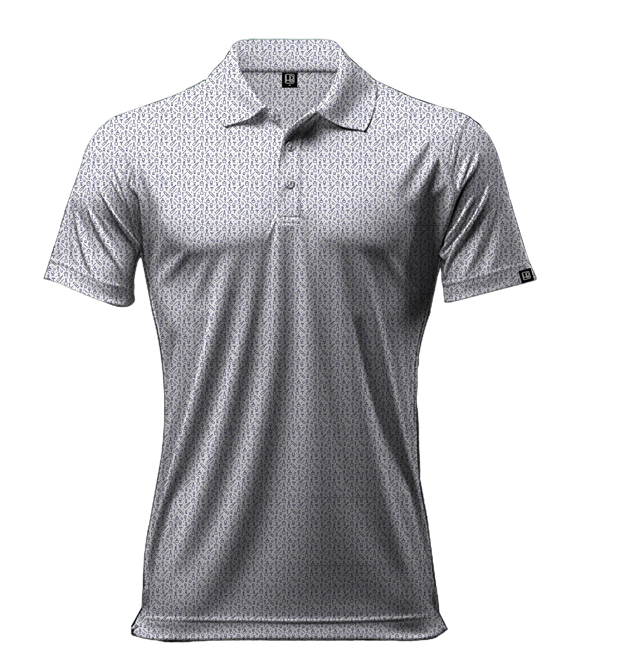 Polo de golf pour homme Hole Black Golf Blanc et bleu marine pour homme vu de face avec motif gastronomie bouteille. 