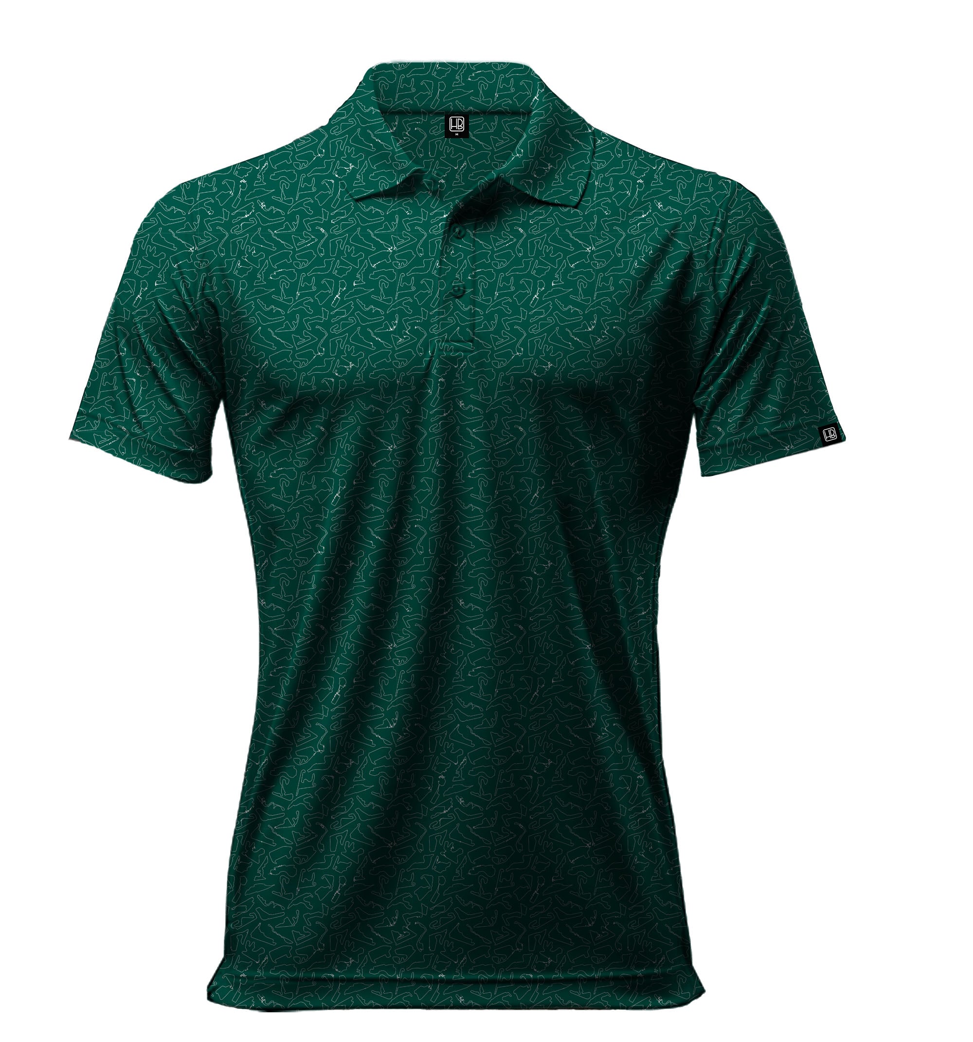 Polo de golf homme Hole Black Motif Formule 1 Vert et Blanc vu de face