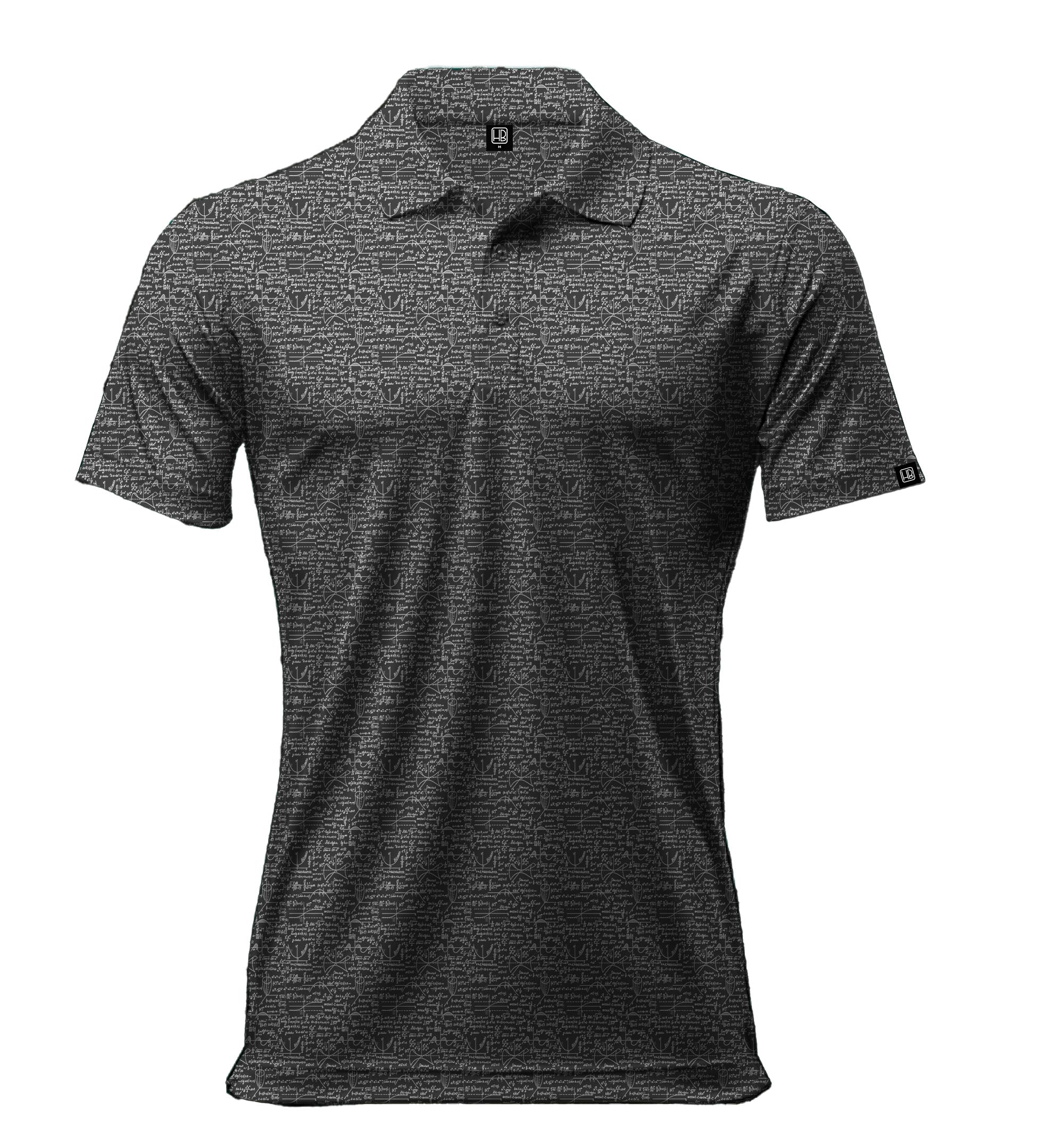 Hole Black Golf Polo de golf homme gris motif mathématiques vu de face 