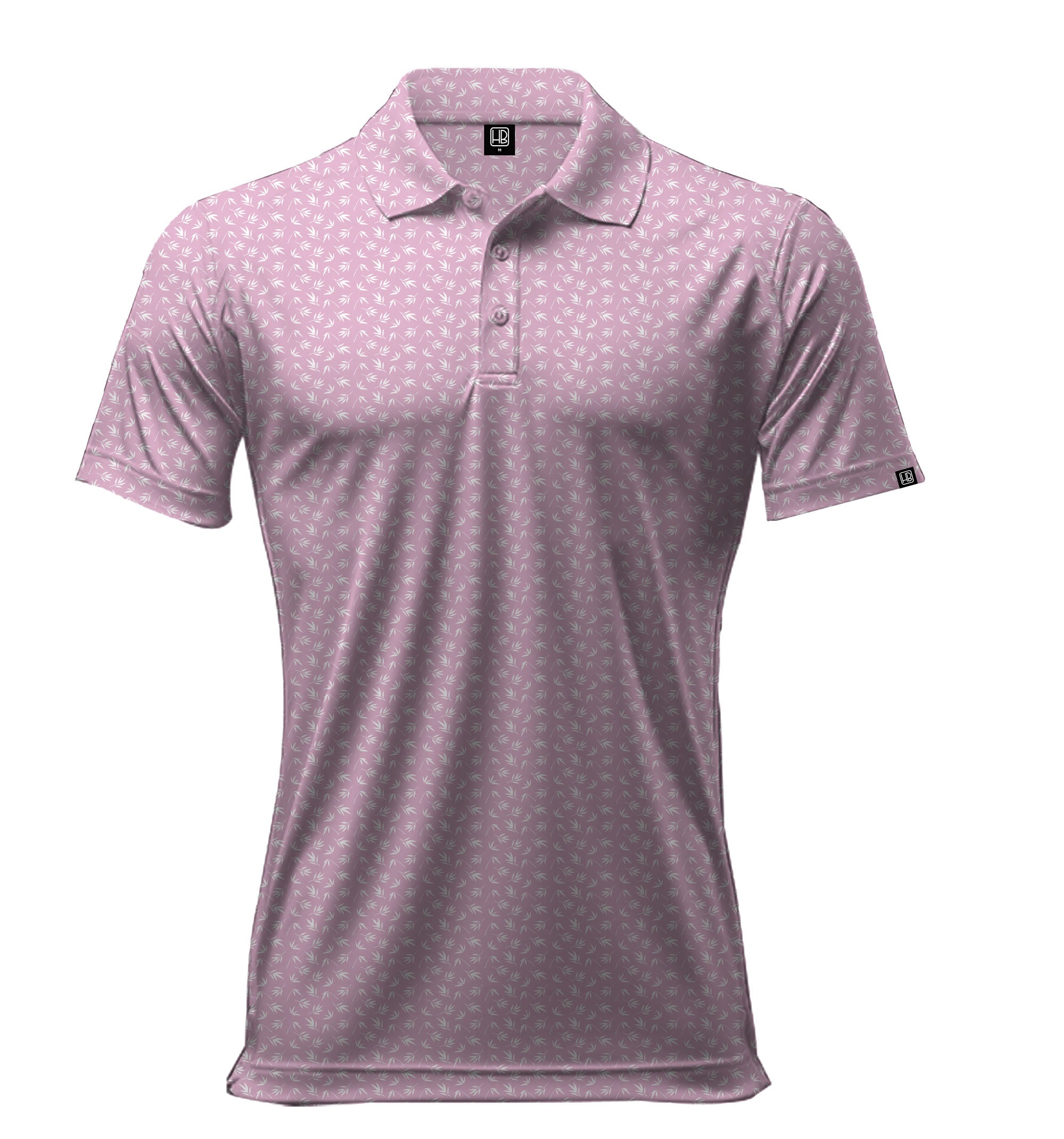 Polo de golf pour homme vu de face, rose avec des bamboo blanc imprimés sur fond rose