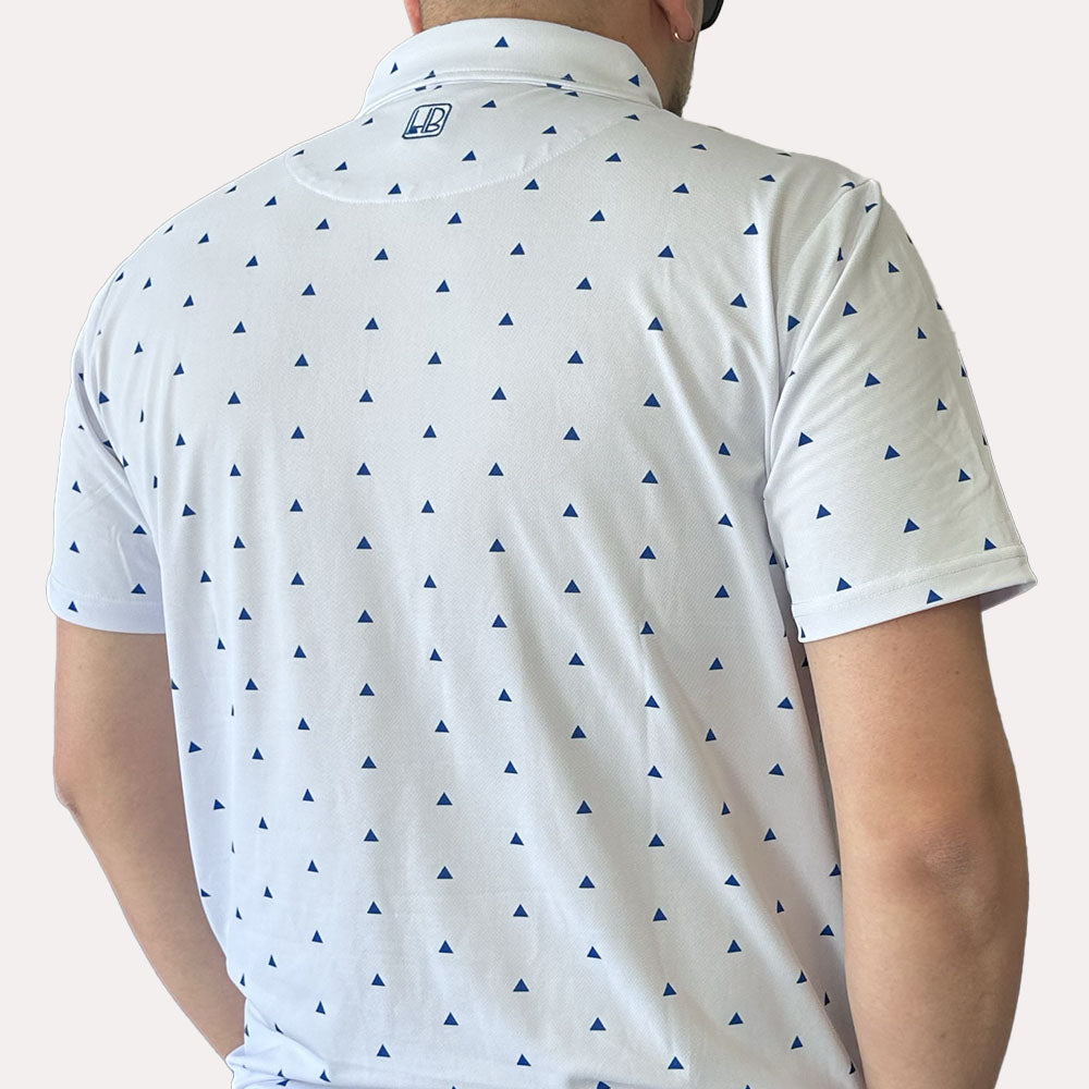 Polo de golf homme Hole Black été léger blanc et bleu marine avec des petit motifs triangle