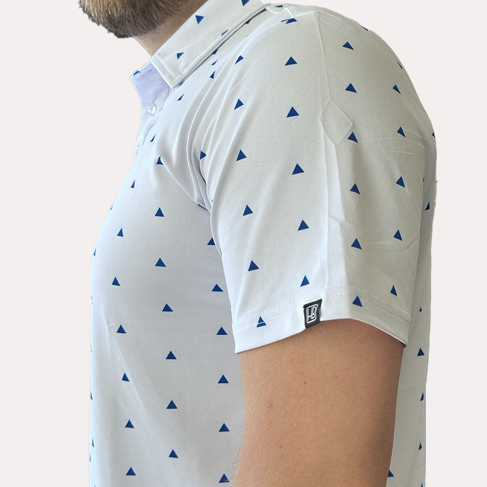 Polo de golf homme Hole Black été léger blanc a motif petit triangle bleu marine