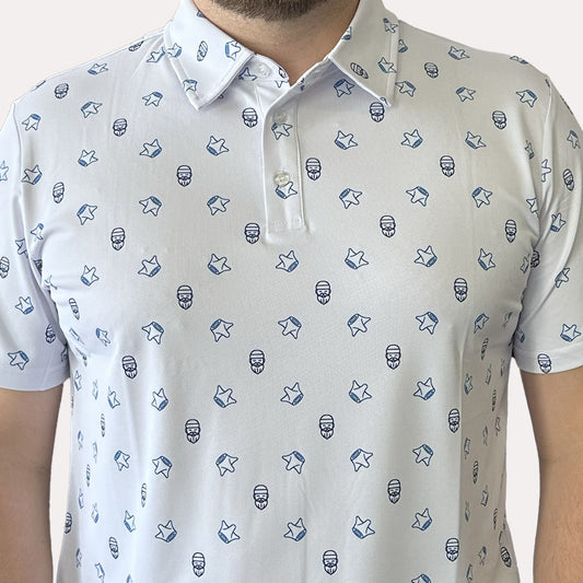 Polo de golf Hole Black été léger motif homme barbu blanc et bleu marine 
