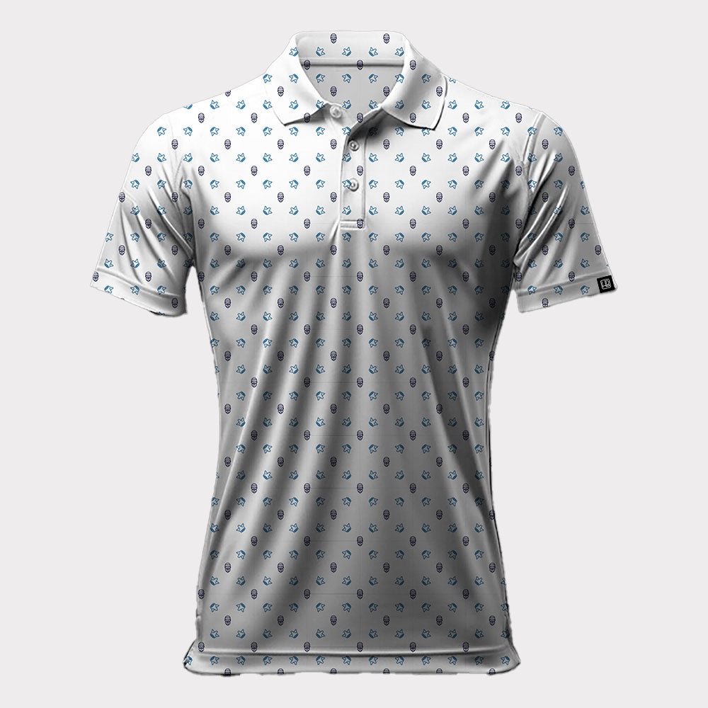 Polo de golf homme, tenue de golf blanc et marine avec un tissu piqué motif homme barbu