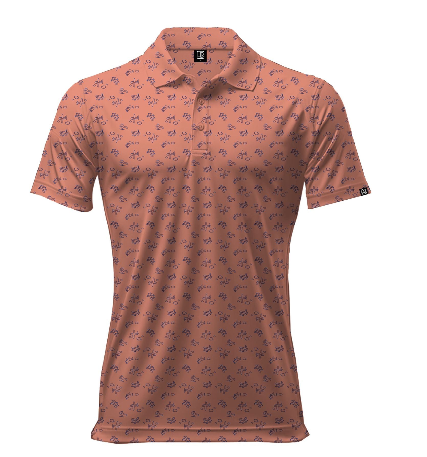 Polo de golf Hole Black Couleur saumon avec motif avion bleu vu de face