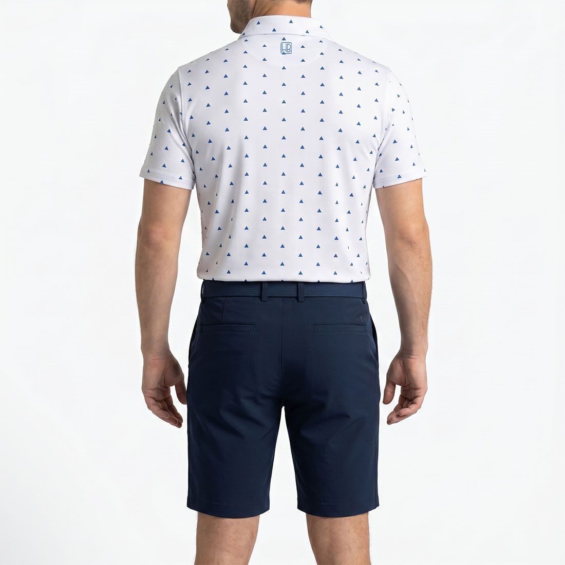 HB Fusion Men's Golf Polo Shirt White Navy Triangles SS25