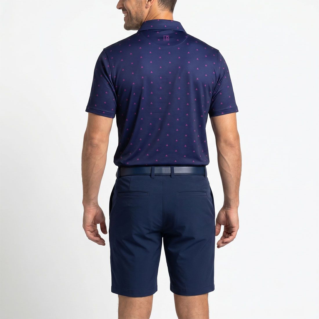 HB Fusion Polo de golf  Homme Bleu Triangles Roses